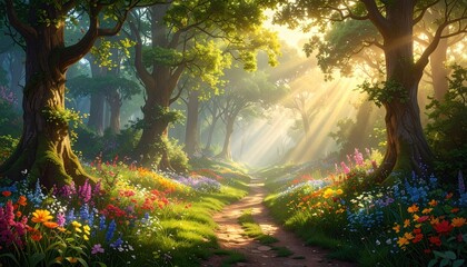 Sunlight streams through a vibrant forest path (1)