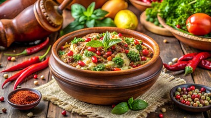 Spicy vegetable stew in rustic bowl with chili pepper