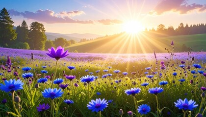 Vibrant meadow ablaze with wildflowers, bathed in sunset sunlight
