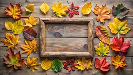 Autumn leaves frame on rustic wooden background