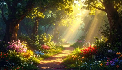 Sunlit forest path, vibrant flowers (3)