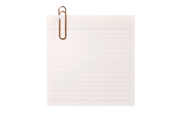 Blank lined paper sheet held by a metal paperclip isolated on transparent background