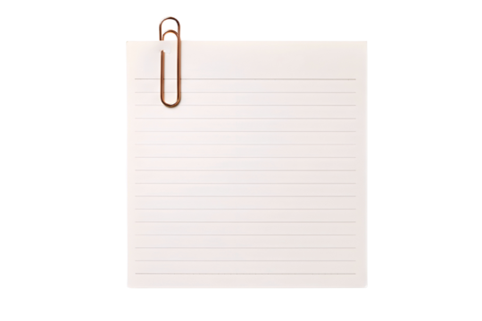 Blank lined paper sheet held by a metal paperclip isolated on transparent background