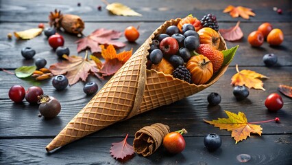 Autumn fruit cone with berries and fall leaves