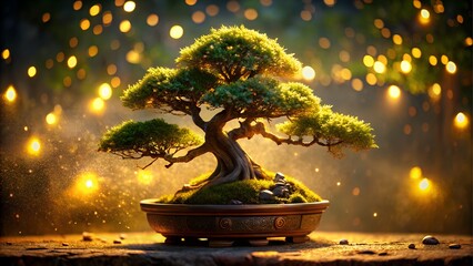 Bonsai tree with glowing lights in the background