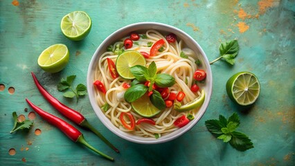 Noodle soup with chili, lime, and basil