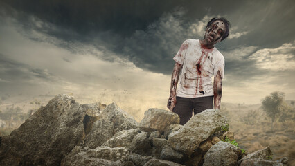 Scary male zombie with a wound and bloody walking on rocky terrain. The scene is scary and creepy. Dramatic sky. Concept of Spooky Halloween