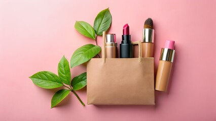 Cosmetics in a paper bag with green leaves