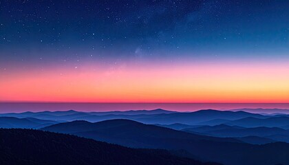 Mountain panorama at twilight with a vibrant sunset sky and starry night