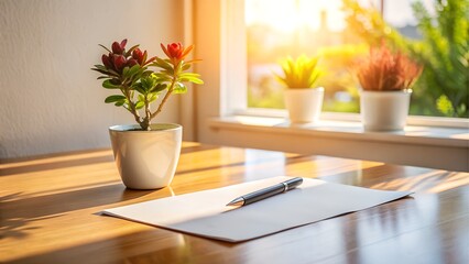 A pen and paper on a wooden table with plants