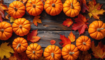 Small pumpkins and autumn leaves on a rustic wooden surface