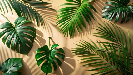 Tropical leaves arrangement with shadows on beige