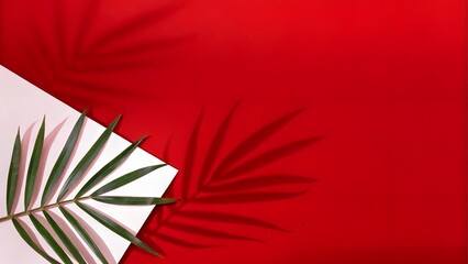 Green palm leaf on red and white background