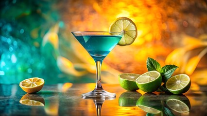 Blue cocktail with lime and mint garnish