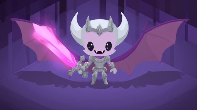 Animated creature warrior with sword and wings in fantasy setting