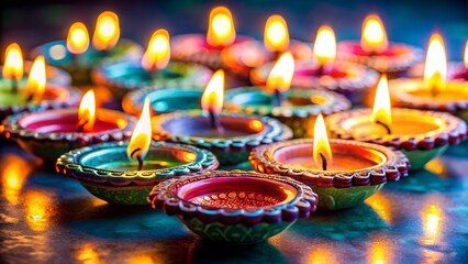 Diwali diyas lit with warm flames
