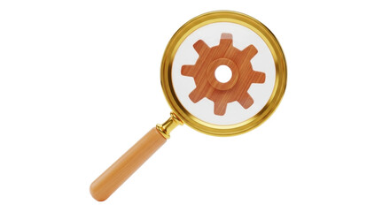 Obraz premium Isolated gear mechanism under golden magnifying glass, conceptual research and development symbol