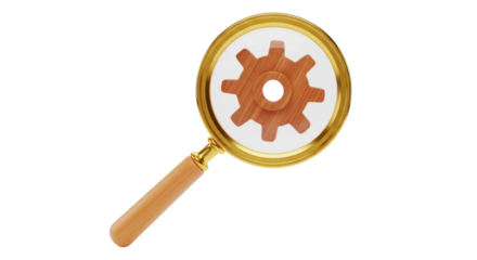 Isolated gear mechanism under golden magnifying glass, conceptual research and development symbol