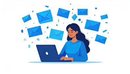 Woman using laptop, surrounded by email envelopes