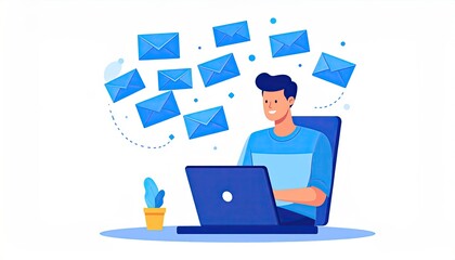 Man working on laptop, email icons flying