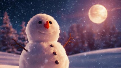 Pulling back camera revealing snowman in forest clearing, with full moon glow and snowfall - Powered by Adobe