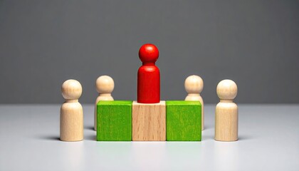 Red wooden figure on a green and light brown block, surrounded by four light-colored wooden figures