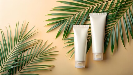 Skincare tubes with palm leaves on beige background