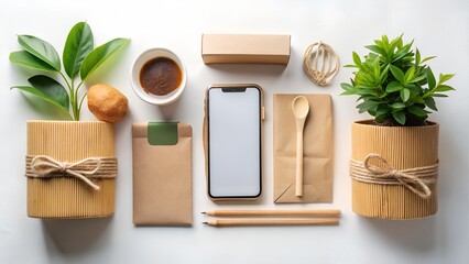 Ecofriendly food packaging and smartphone on white