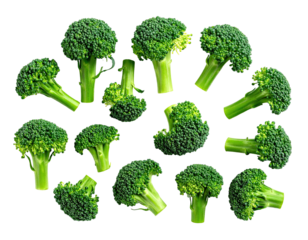 Fresh broccoli florets arranged in a circular pattern on a black background