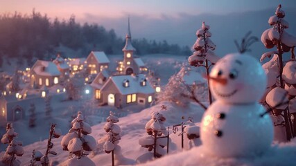 Shifting camera moving focus from snowman on hill to glowing village cottages at dusk, copy space - Powered by Adobe