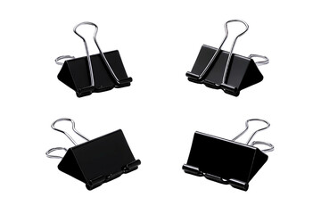 Four black binder clips isolated on transparent background