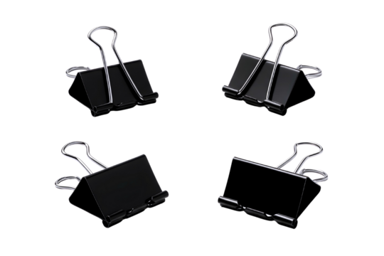 Four black binder clips isolated on transparent background