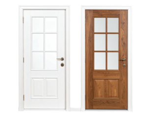 Two doors, one white, one brown, both with glass panels