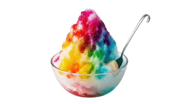 Isolated rainbow shaved ice dessert treat in clear glass bowl with spoon, shaved ice and syrup