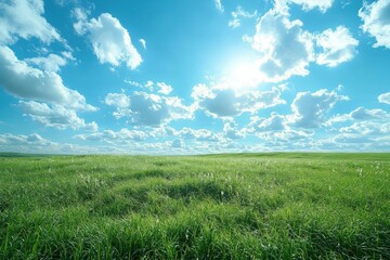 Obraz premium A vibrant green meadow bathed in sunlight, with fluffy clouds against a bright blue sky