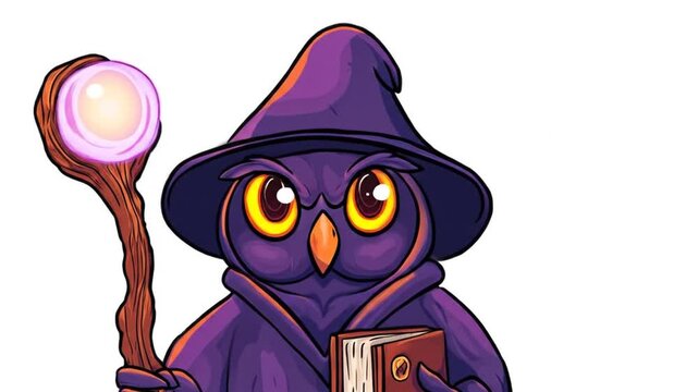 Cartoon owl wizard with staff and book isolated on white background