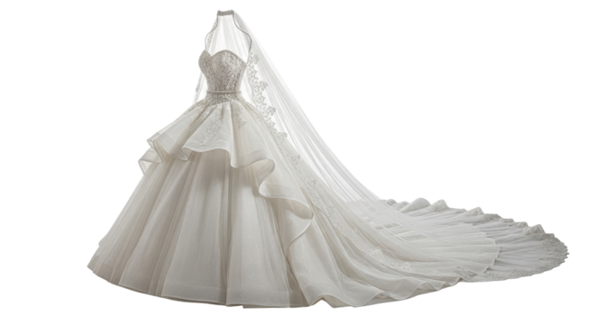 Elegant long sleeve wedding dress in ivory isolated PNG with Transparent Background