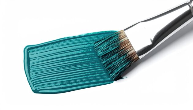 Teal paint stroke on white background with paintbrush - Powered by Adobe