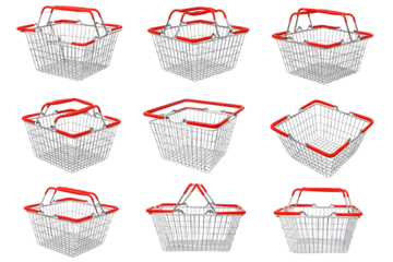 Collection of nine shopping baskets with red handles isolated on transparent background