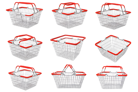Collection of nine shopping baskets with red handles isolated on transparent background
