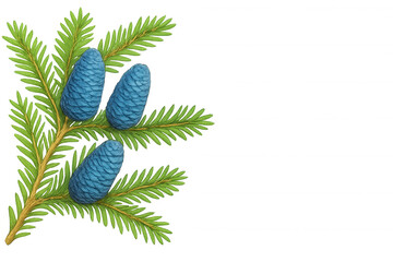Fir tree branch with blue cones, a botanical illustration featuring evergreen conifers and forest elements