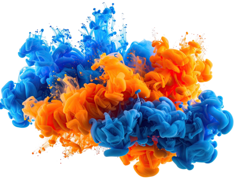 Abstract swirling of vibrant orange and blue ink