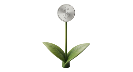 Isolated silver dollar coin flower with green leaves growing for financial growth theme