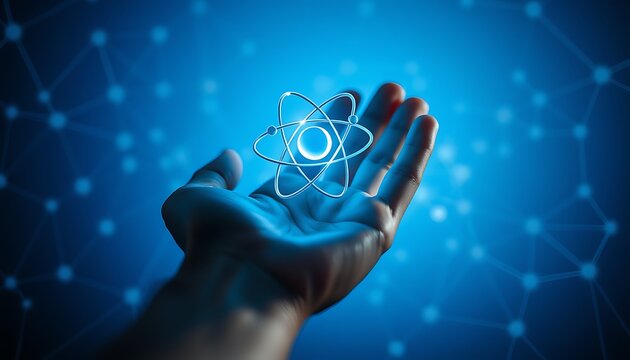 Close-up of a hand presenting a bright blue atomic model with a digital network overlay science technology - Powered by Adobe