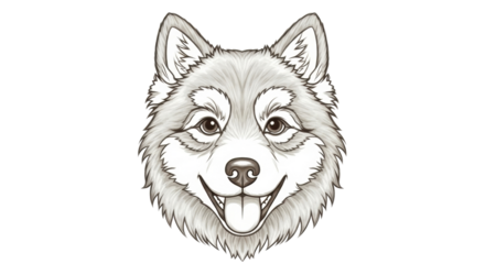 Isolated portrait of smiling husky dog head with pointy ears, smiling mouth, and fur details