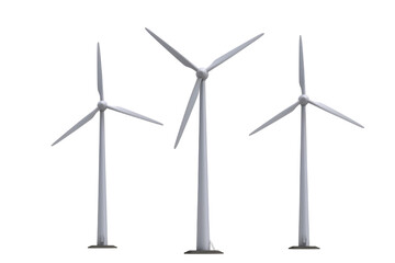 Three wind turbines isolated on transparent background