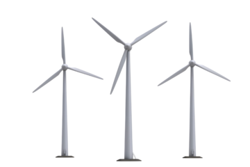 Three wind turbines isolated on transparent background