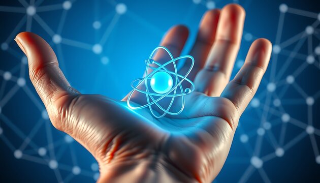 Open palm showcasing a bright blue atom model with a digital network backdrop atomic molecule