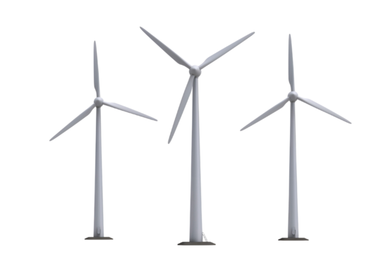 Three wind turbines isolated on transparent background