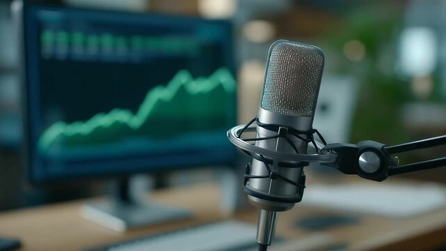 business team recording podcast episode about financial success green upward charts displayed on monitor faint audio meter beeps creative finance content three quarter wide angle